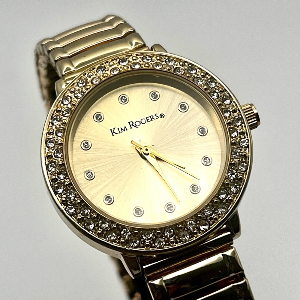 Kim Rogers Gold Stretch Bracelet Watch with Crystal Bezel 6.5" New Battery - Picture 2 of 13